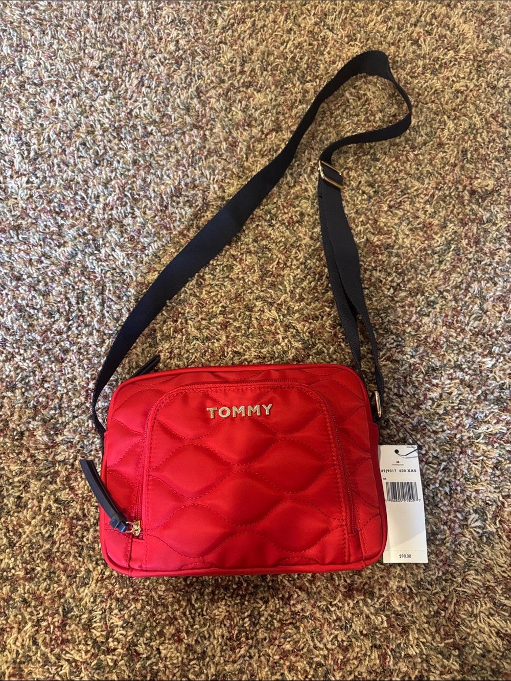 Tommy Hilfiger Red Quilted Camera Crossbody with Black Strap